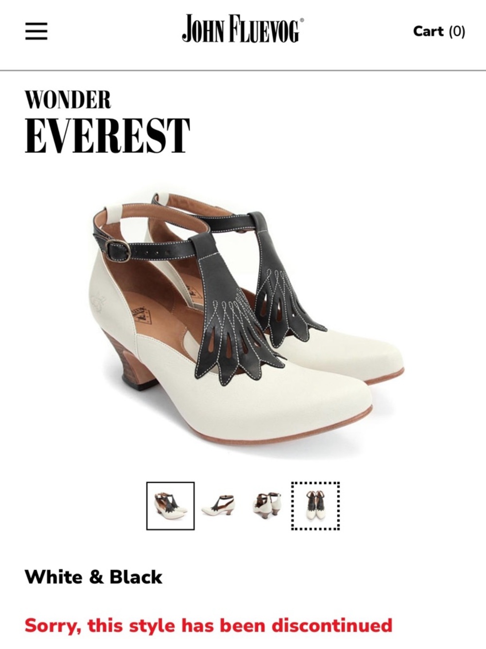 John Fluevog Wonder Everest White and Black Leather T-Strap Heels